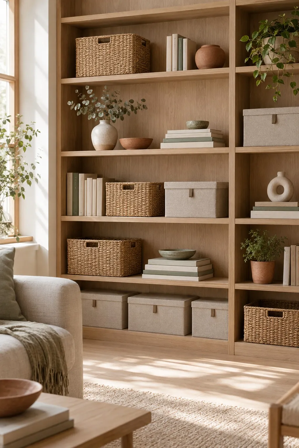 Helles Wohnzimmer mit Holzregal, Körben, Boxen und Pflanzen