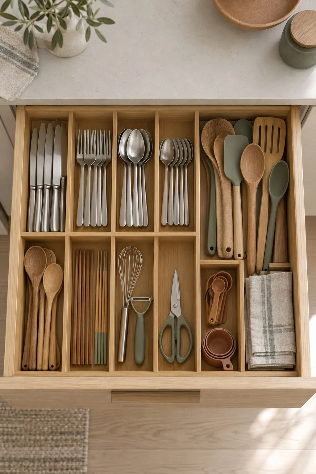 Geordnete Besteckschublade mit Holzeinsatz von oben