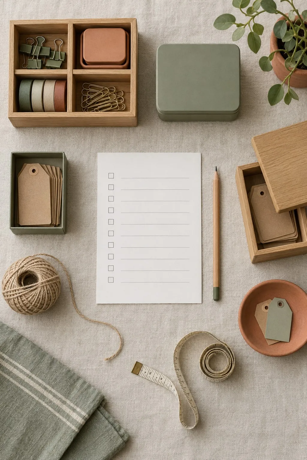 Checkliste, Maßband, Etiketten und Boxen auf hellem Tisch